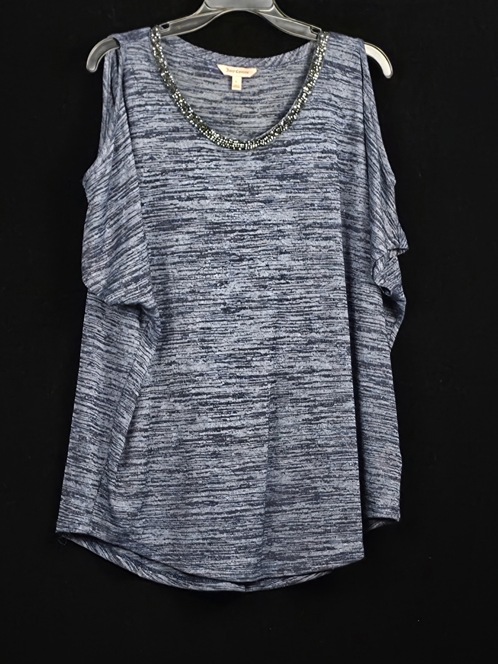 #152 Juicy Couture L Blue Gray Cold Shoulder Beaded Neckline Top